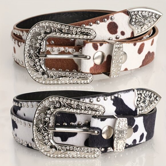 Western Cow Print Belt with Rhinestone Buckle – Black & White main image 4